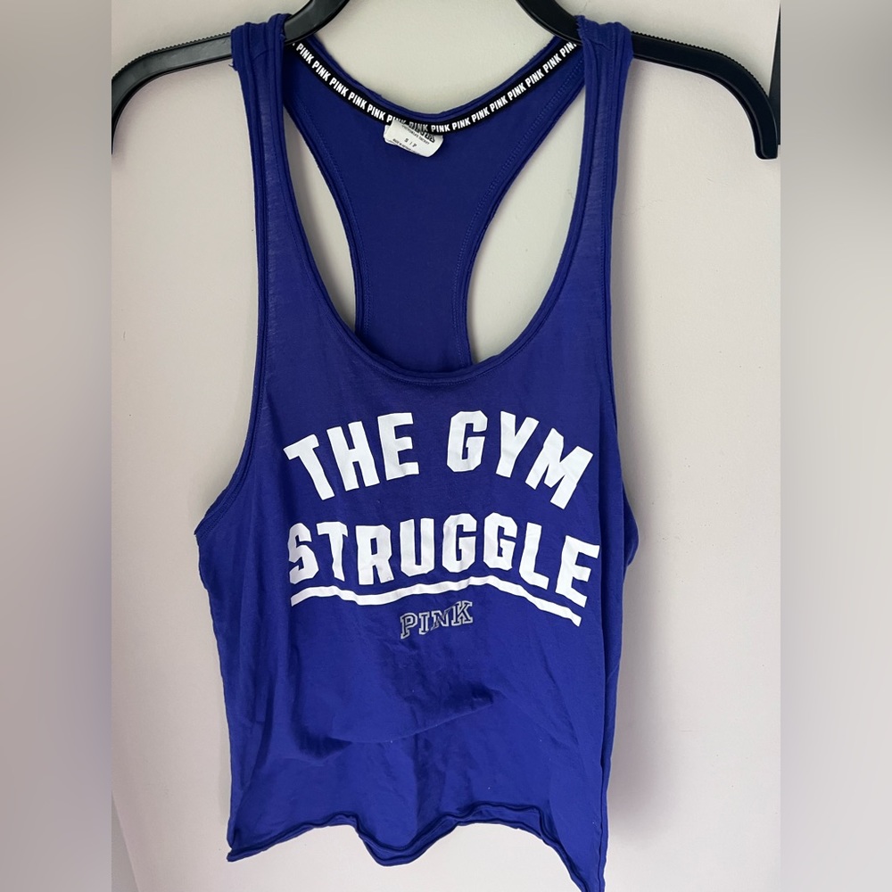 PINK vs “the gym struggle” purple tank top